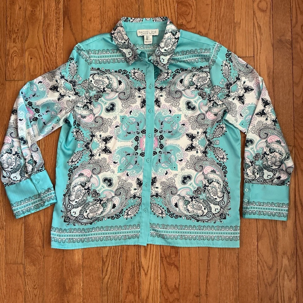 Rachel Zoe Satin Blouse Women's Large Long-Sleeve Button-Down Blue Paisley Print